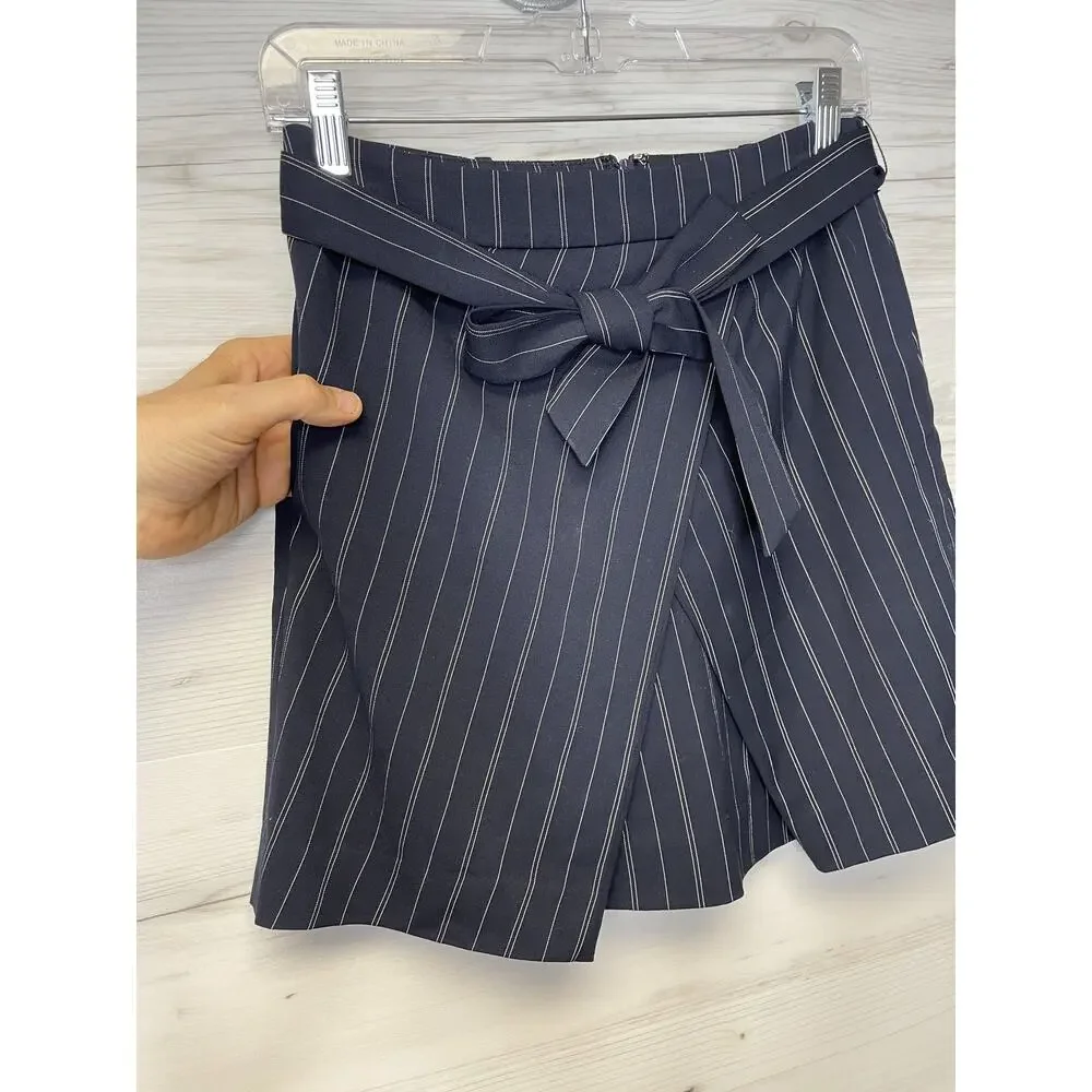 Banana Republic Skirt Womens 00 Petite Navy Blue Pinstripe Front‎ Tie Wrap Mini